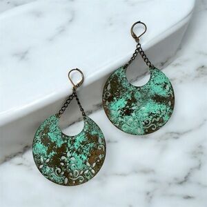 Boho Turquoise Verdigris Crescent Moon Earrings